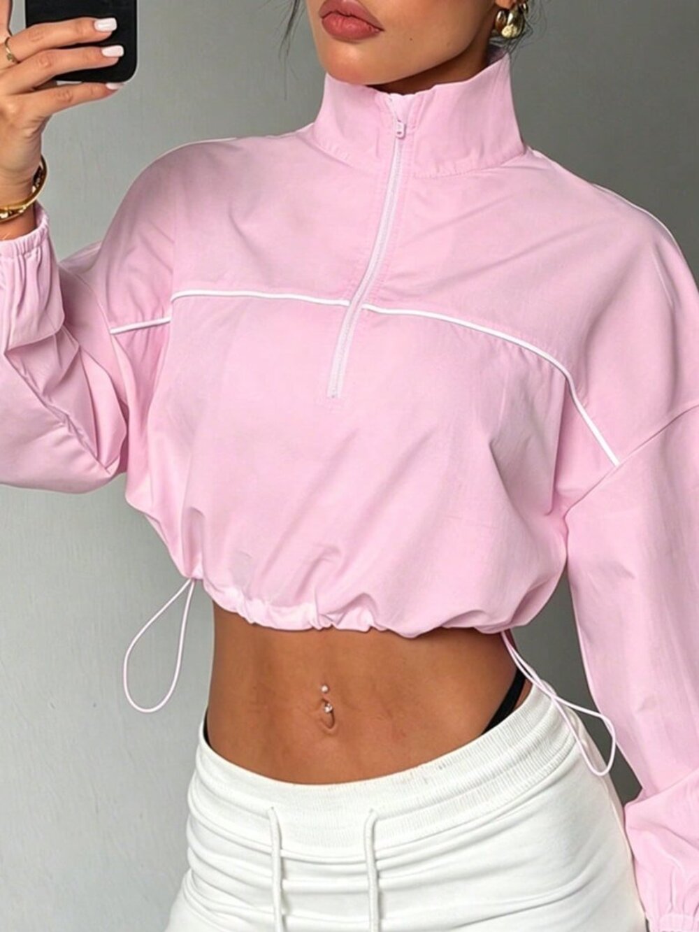 Pink Loose Women's Half-Zip Sports Sweatshirt